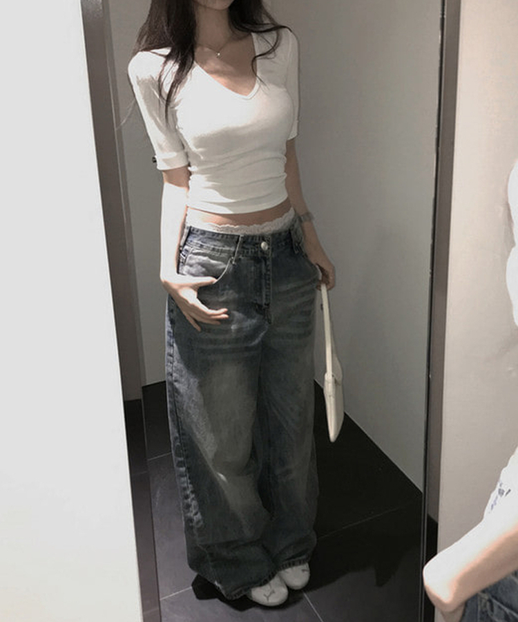 リブVネックロールアップ7分袖半袖Tシャツ(7color) IVORY