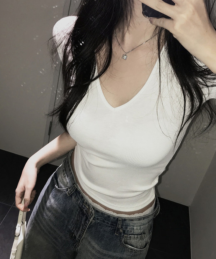 リブVネックロールアップ7分袖半袖Tシャツ(7color) IVORY