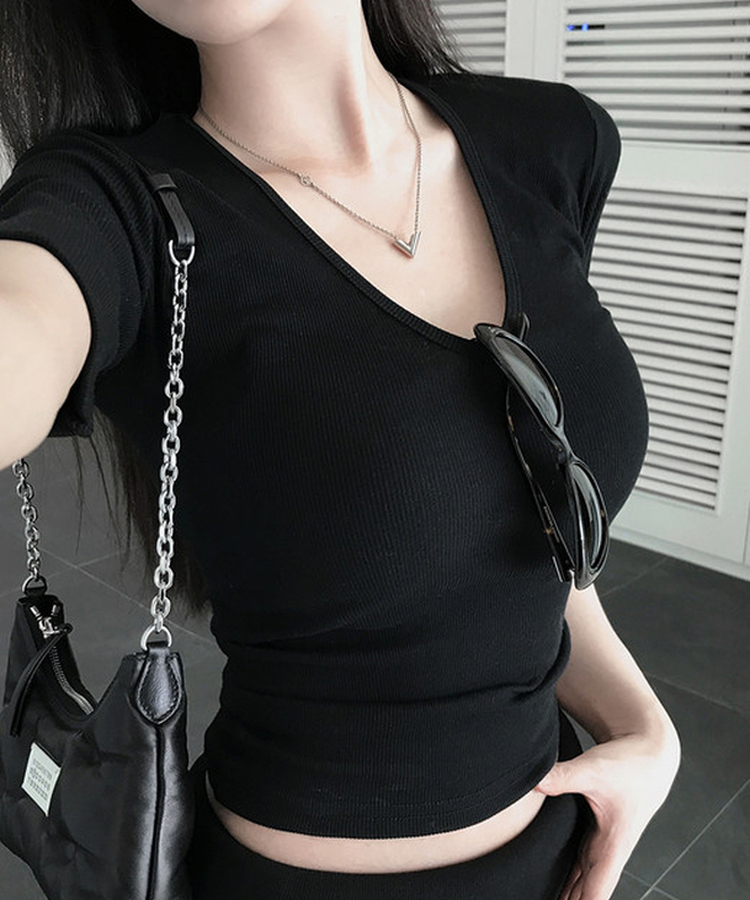 リブVネックロールアップ7分袖半袖Tシャツ(7color) BLACK