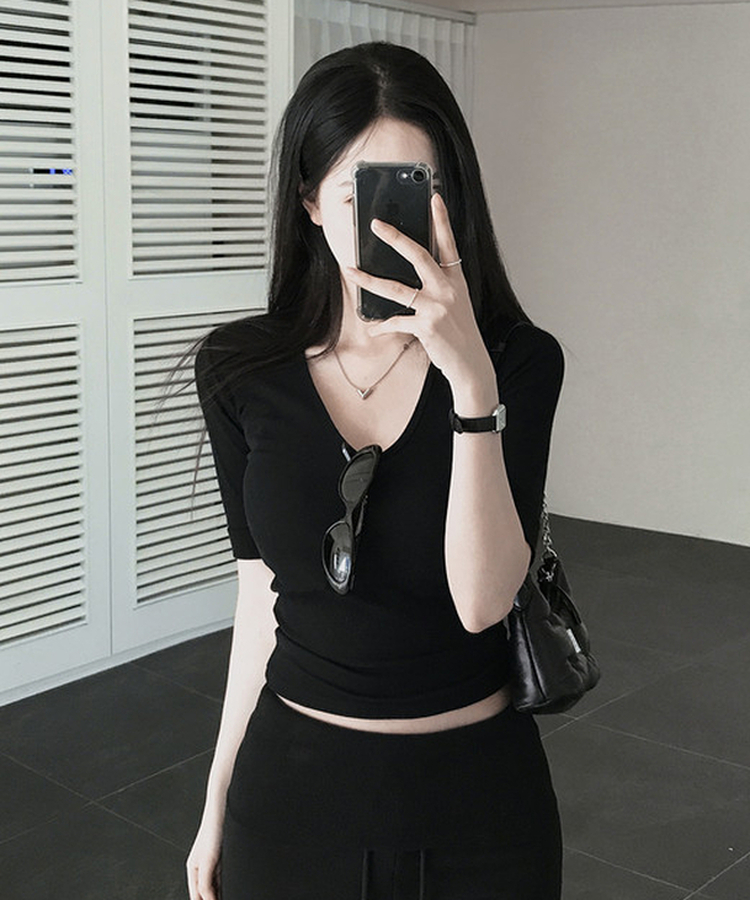 リブVネックロールアップ7分袖半袖Tシャツ(7color) BLACK