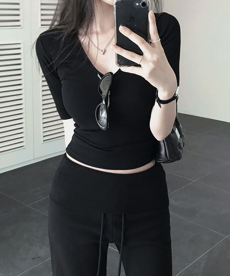 リブVネックロールアップ7分袖半袖Tシャツ(7color) BLACK