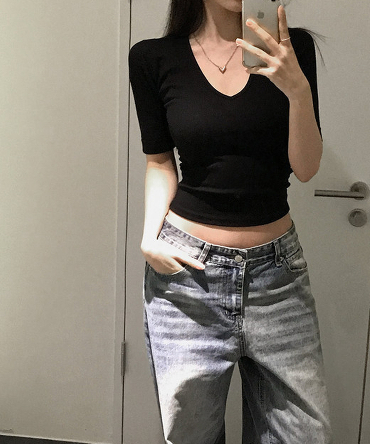 リブVネックロールアップ7分袖半袖Tシャツ(7color) BLACK