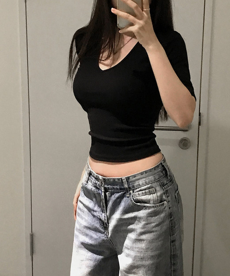 リブVネックロールアップ7分袖半袖Tシャツ(7color) BLACK