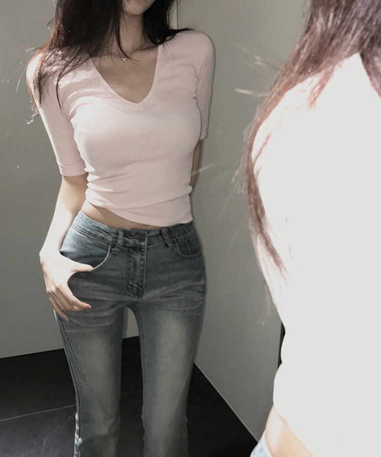 リブVネックロールアップ7分袖半袖Tシャツ(7color) LIGHT PINK