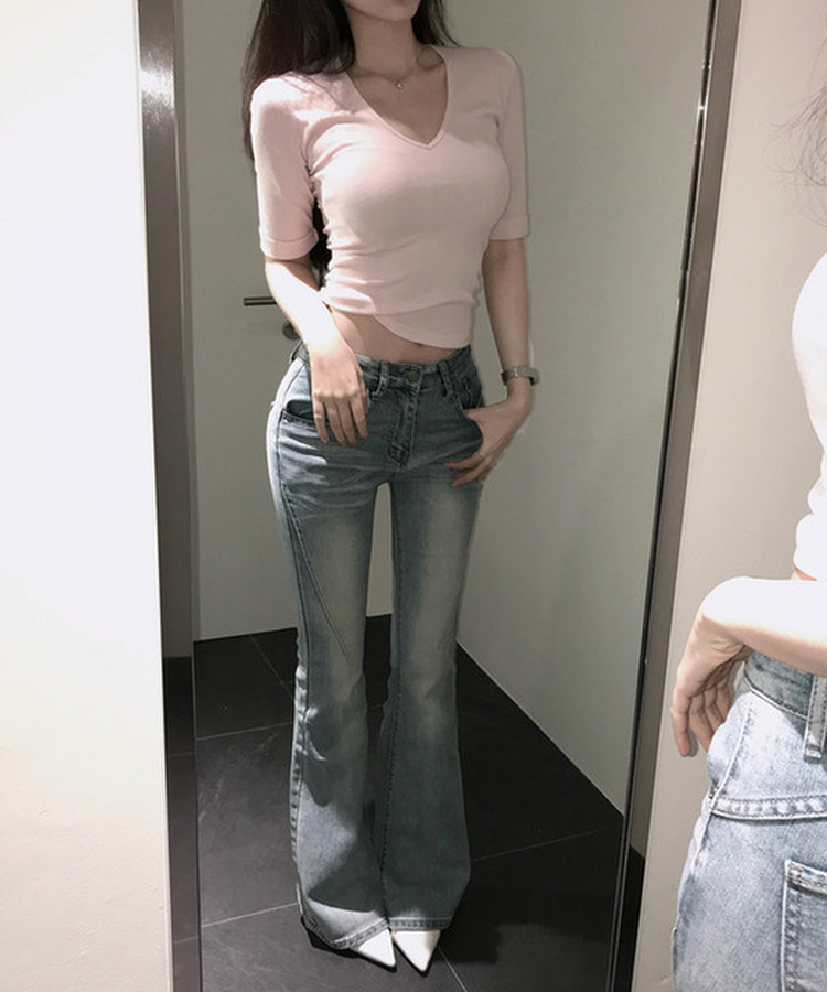 リブVネックロールアップ7分袖半袖Tシャツ(7color) LIGHT PINK