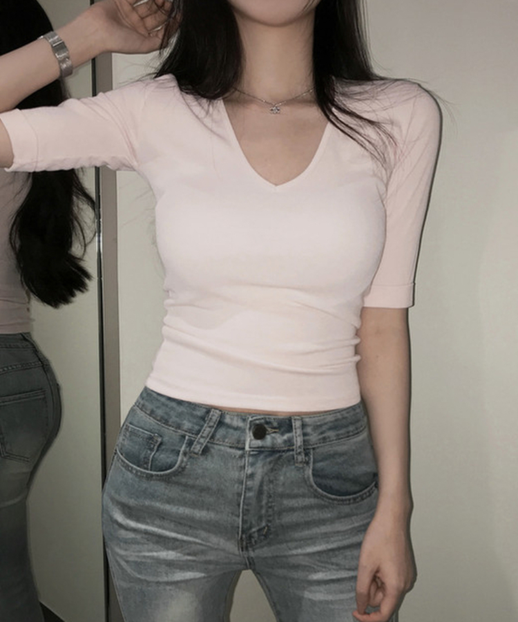 リブVネックロールアップ7分袖半袖Tシャツ(7color) LIGHT PINK