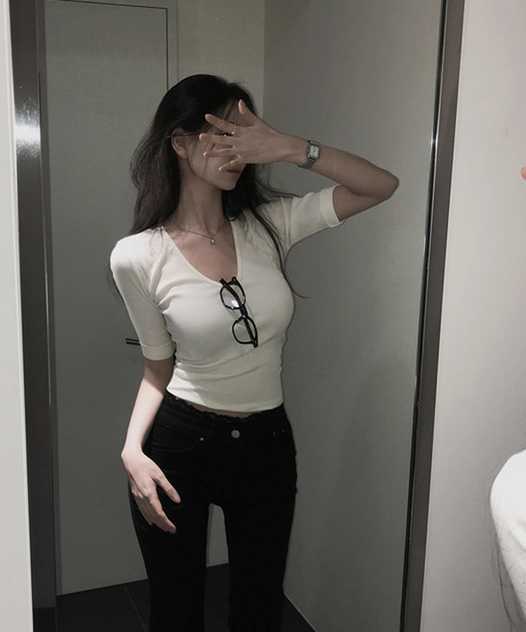 リブVネックロールアップ7分袖半袖Tシャツ(7color) CREAM