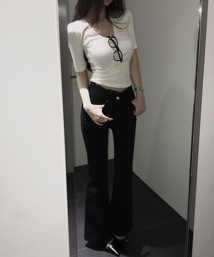 リブVネックロールアップ7分袖半袖Tシャツ(7color) CREAM