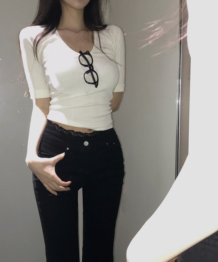 リブVネックロールアップ7分袖半袖Tシャツ(7color) CREAM