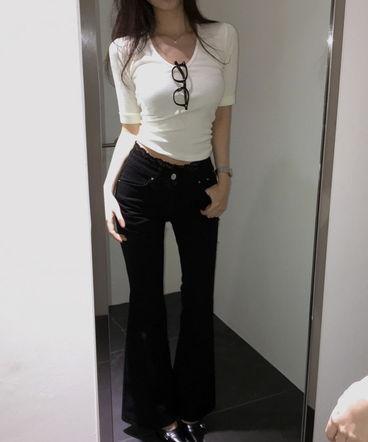 リブVネックロールアップ7分袖半袖Tシャツ(7color) CREAM