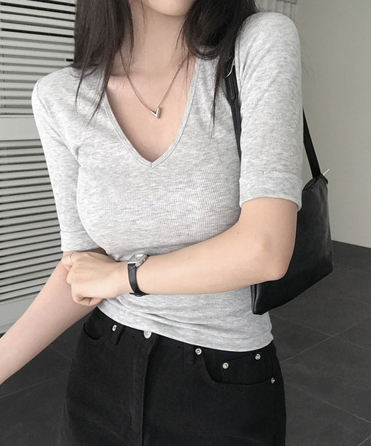 リブVネックロールアップ7分袖半袖Tシャツ(7color) MELANGE GRAY