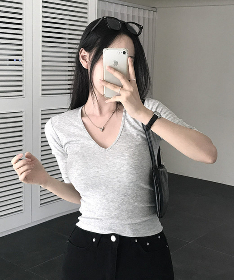 リブVネックロールアップ7分袖半袖Tシャツ(7color) MELANGE GRAY