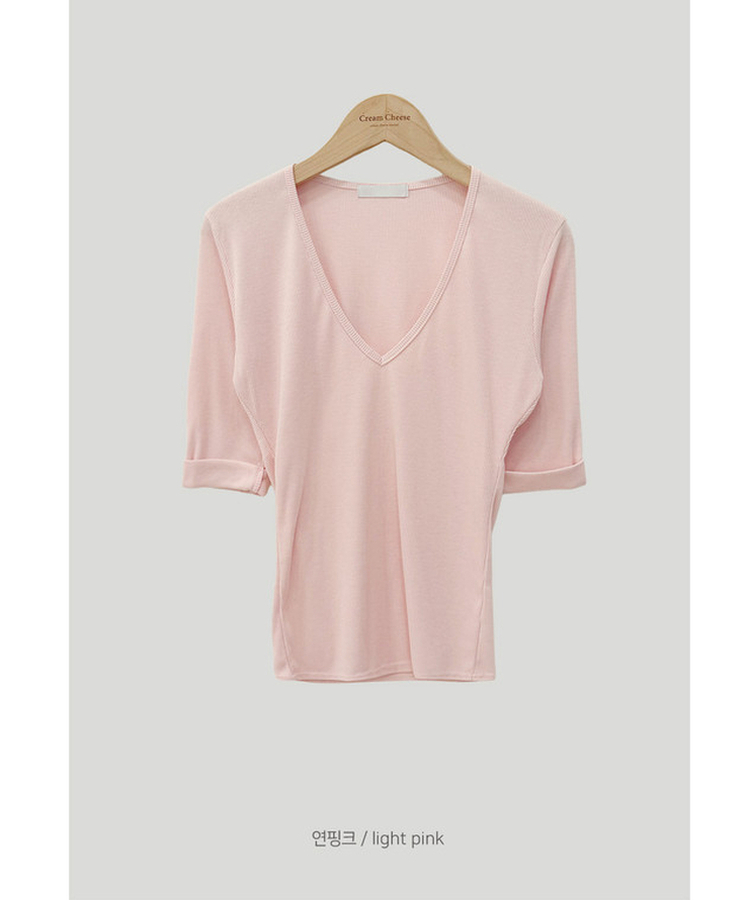 リブVネックロールアップ7分袖半袖Tシャツ(7color)