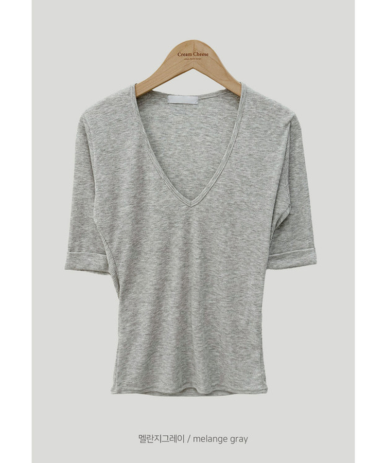 リブVネックロールアップ7分袖半袖Tシャツ(7color)