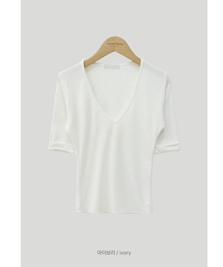 リブVネックロールアップ7分袖半袖Tシャツ(7color)