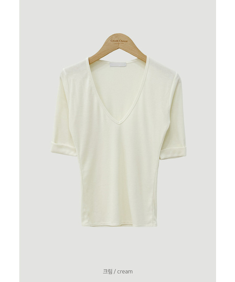 リブVネックロールアップ7分袖半袖Tシャツ(7color)