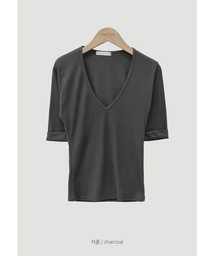 リブVネックロールアップ7分袖半袖Tシャツ(7color)