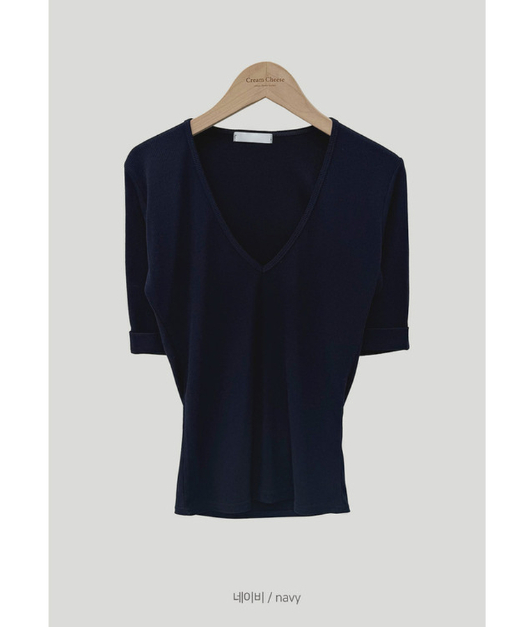 リブVネックロールアップ7分袖半袖Tシャツ(7color)