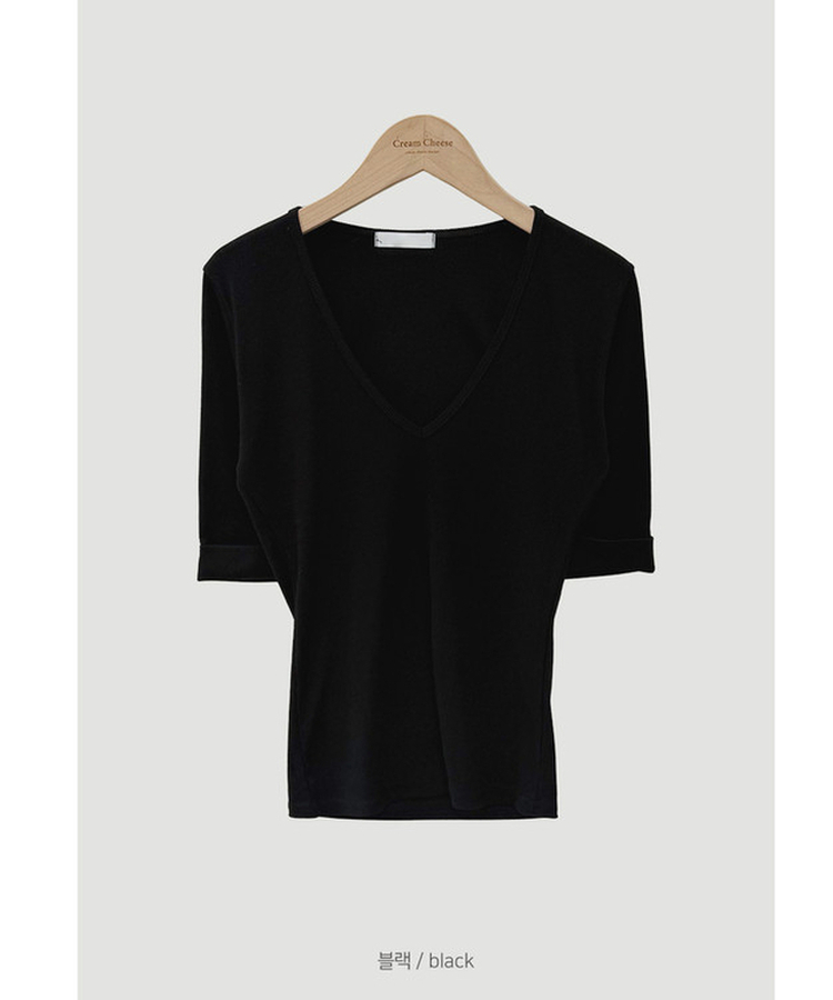 リブVネックロールアップ7分袖半袖Tシャツ(7color)