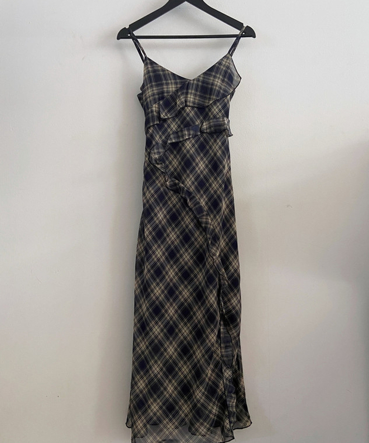 Vネックチェックフリルワンピース