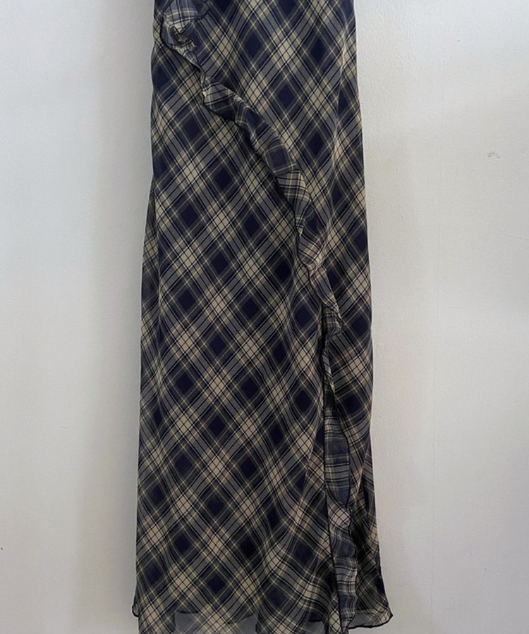 Vネックチェックフリルワンピース