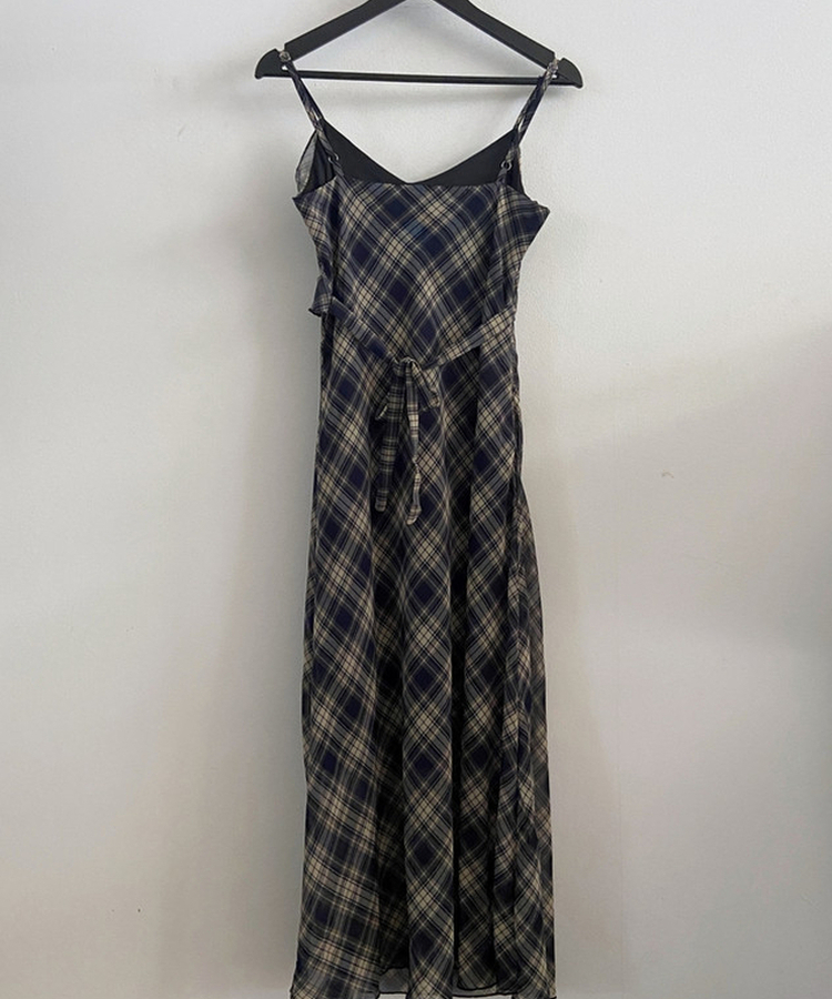 Vネックチェックフリルワンピース