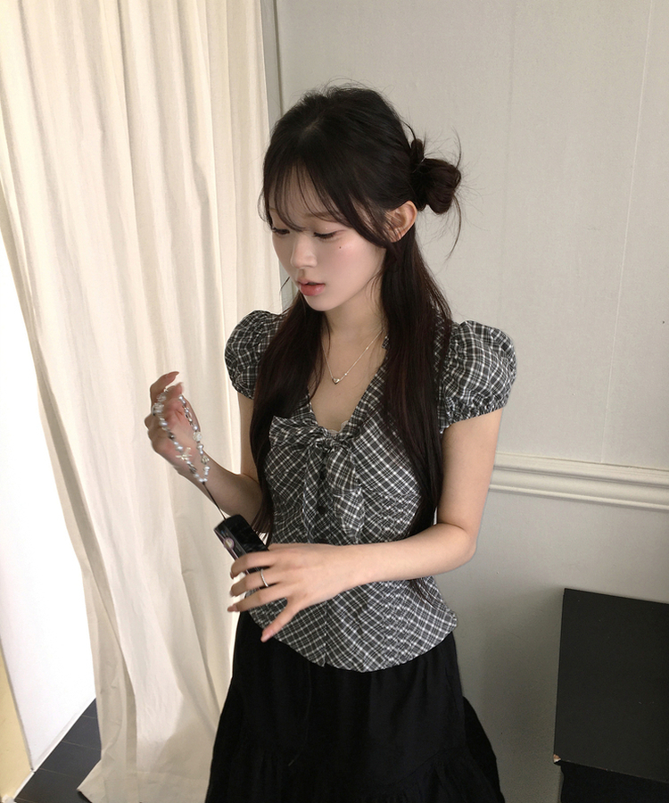 リボンパフチェックシャツ GREY