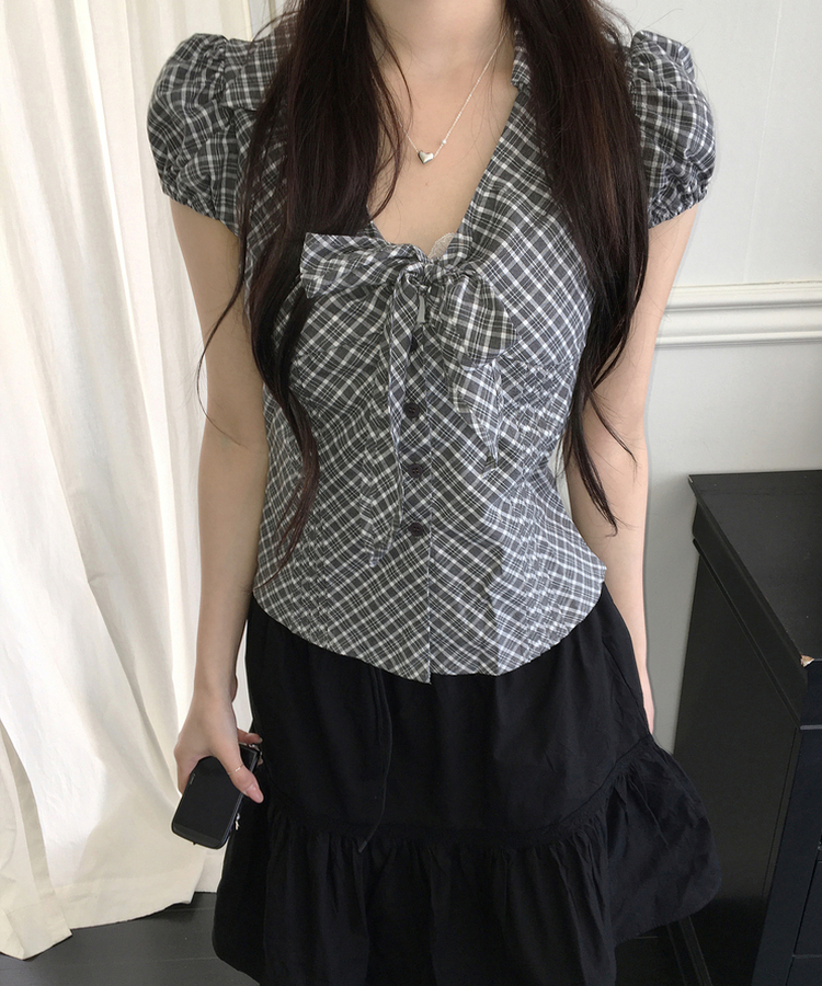 リボンパフチェックシャツ GREY