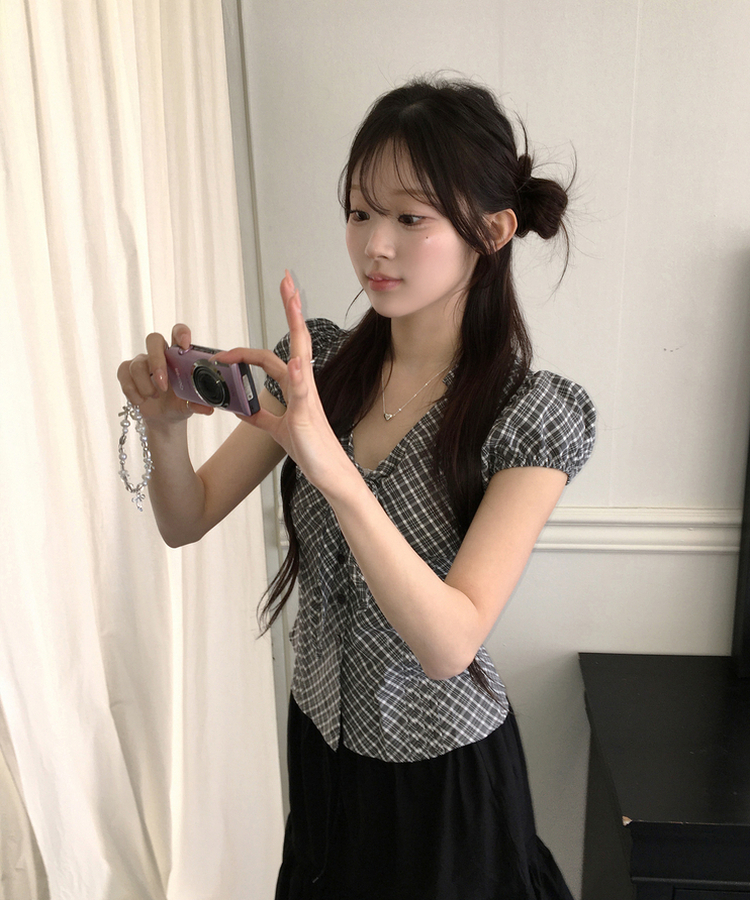 リボンパフチェックシャツ GREY