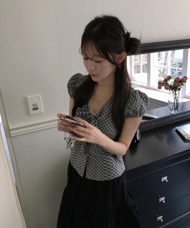 リボンパフチェックシャツ GREY