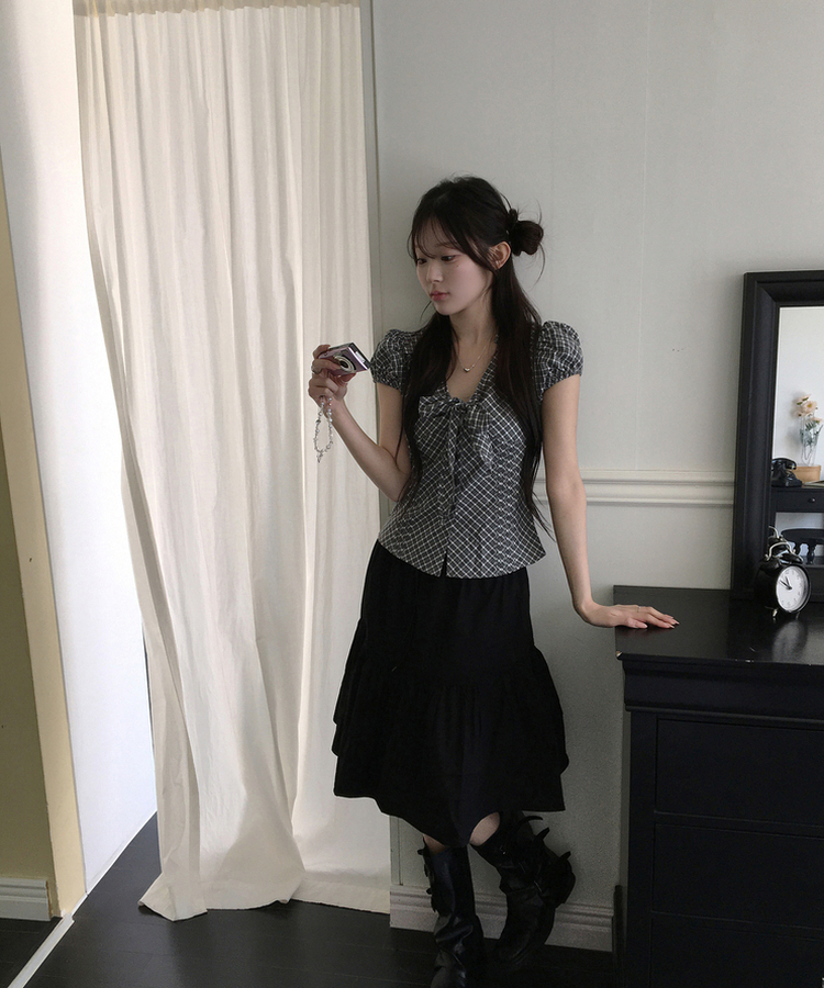 リボンパフチェックシャツ GREY