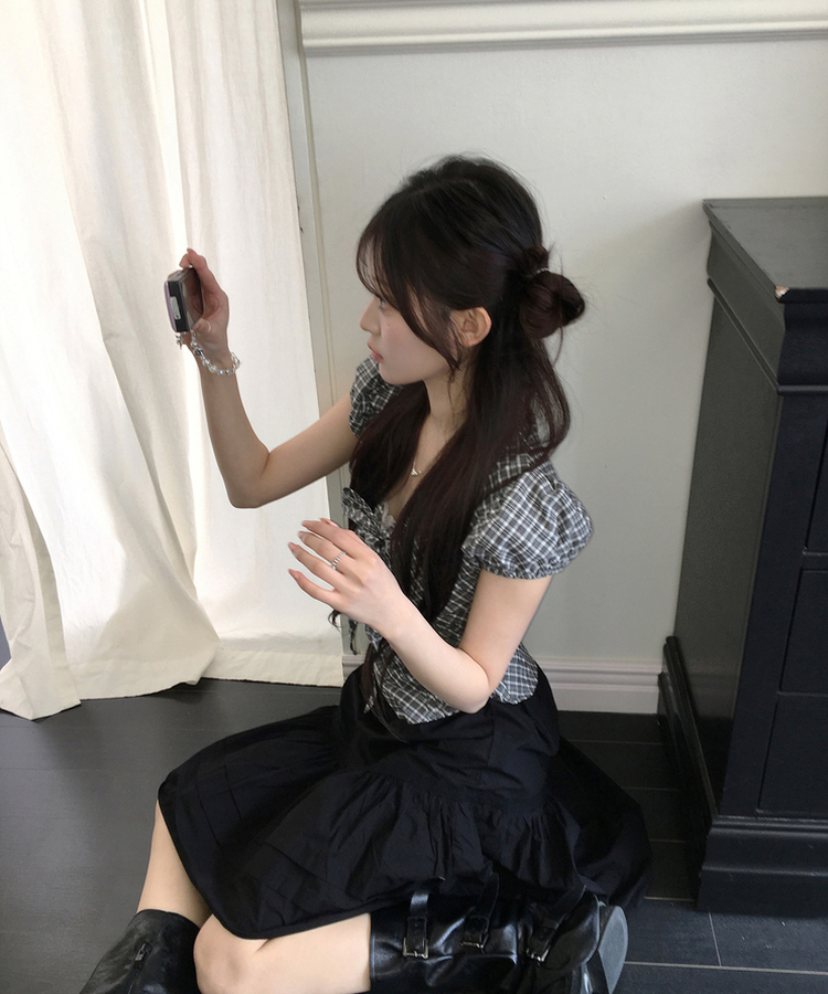 リボンパフチェックシャツ GREY