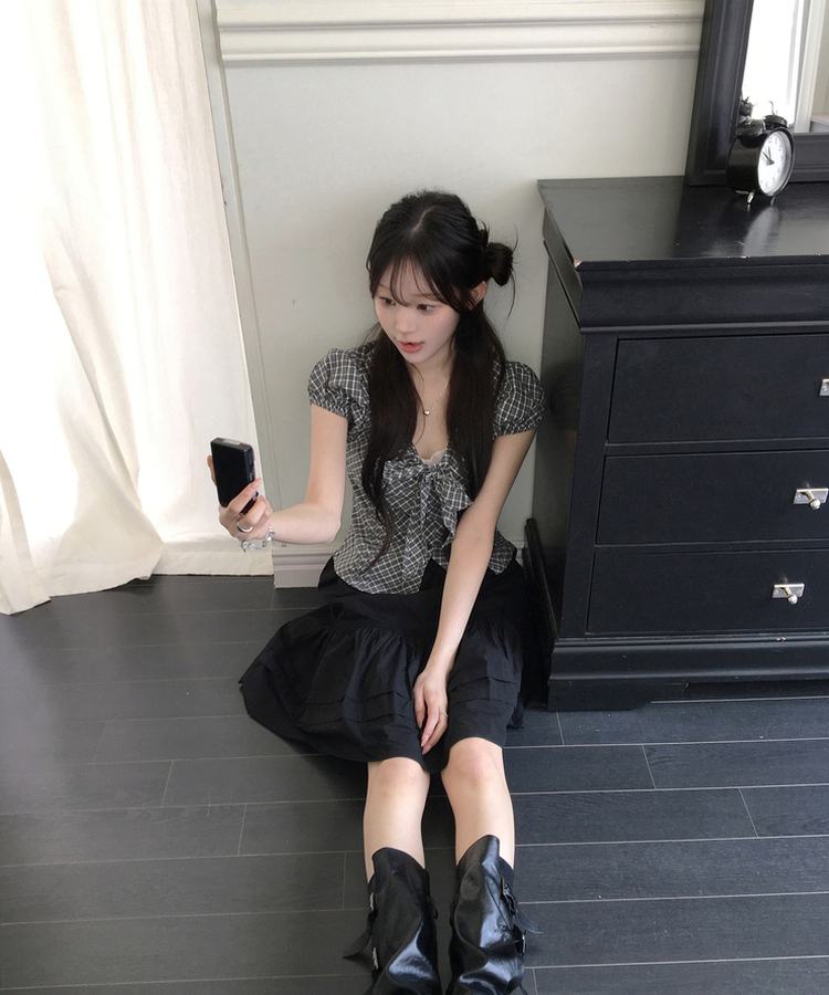 リボンパフチェックシャツ GREY