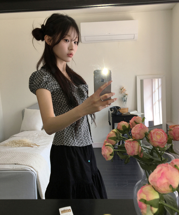 リボンパフチェックシャツ GREY