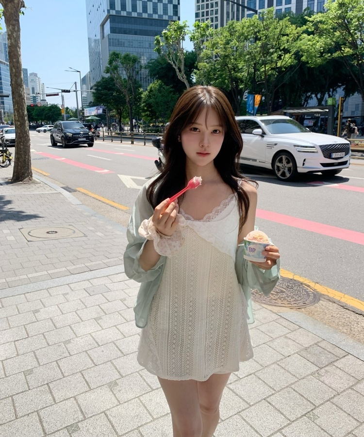 레이스 니트 미니 원피스 크림