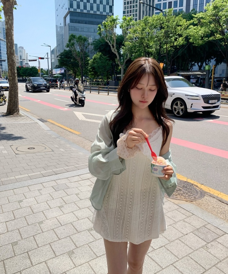 레이스 니트 미니 원피스 크림