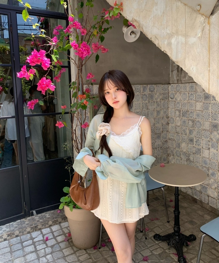 레이스 니트 미니 원피스 크림
