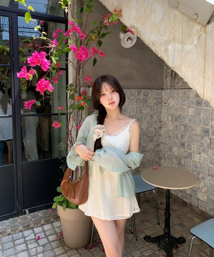 레이스 니트 미니 원피스 크림