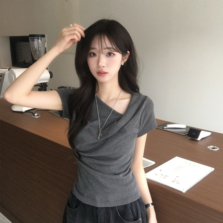 드레이프 봄 여름 꼬임 반팔 티셔츠 언발란스 슬림핏 레이어드 블라우스 하객룩 상의 결혼식 코디 반팔티 4color 먹색