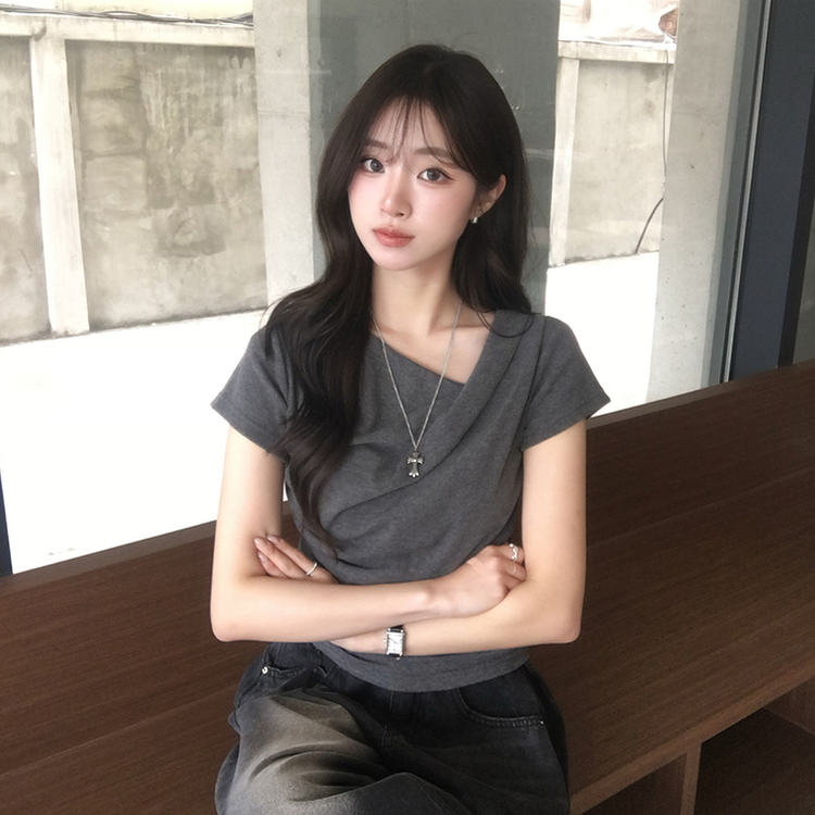 드레이프 봄 여름 꼬임 반팔 티셔츠 언발란스 슬림핏 레이어드 블라우스 하객룩 상의 결혼식 코디 반팔티 4color 먹색