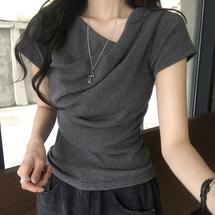 드레이프 봄 여름 꼬임 반팔 티셔츠 언발란스 슬림핏 레이어드 블라우스 하객룩 상의 결혼식 코디 반팔티 4color 먹색