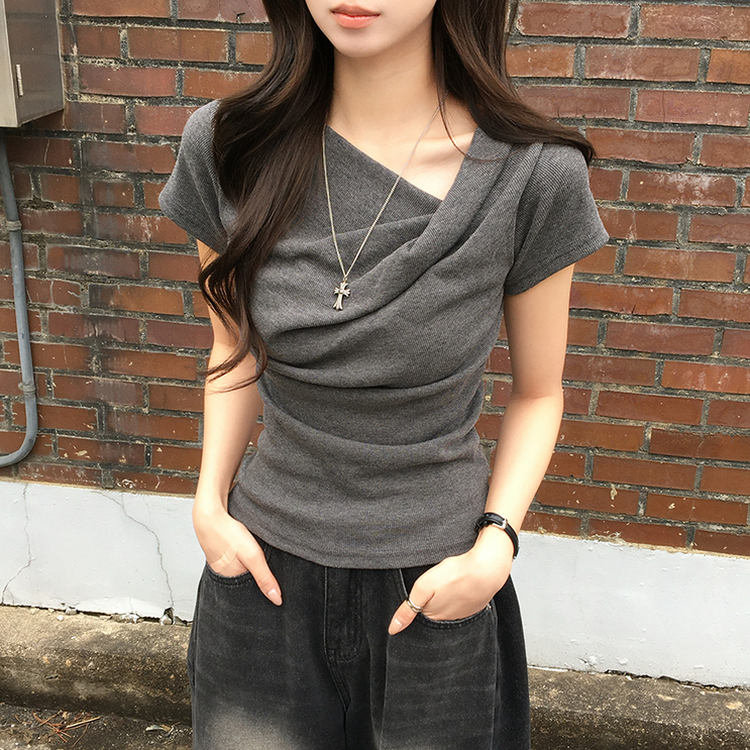 드레이프 봄 여름 꼬임 반팔 티셔츠 언발란스 슬림핏 레이어드 블라우스 하객룩 상의 결혼식 코디 반팔티 4color 먹색