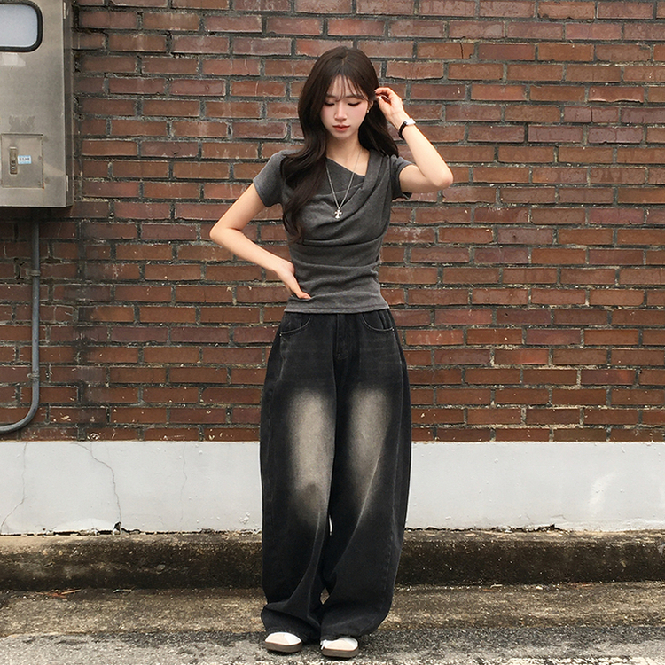 드레이프 봄 여름 꼬임 반팔 티셔츠 언발란스 슬림핏 레이어드 블라우스 하객룩 상의 결혼식 코디 반팔티 4color 먹색