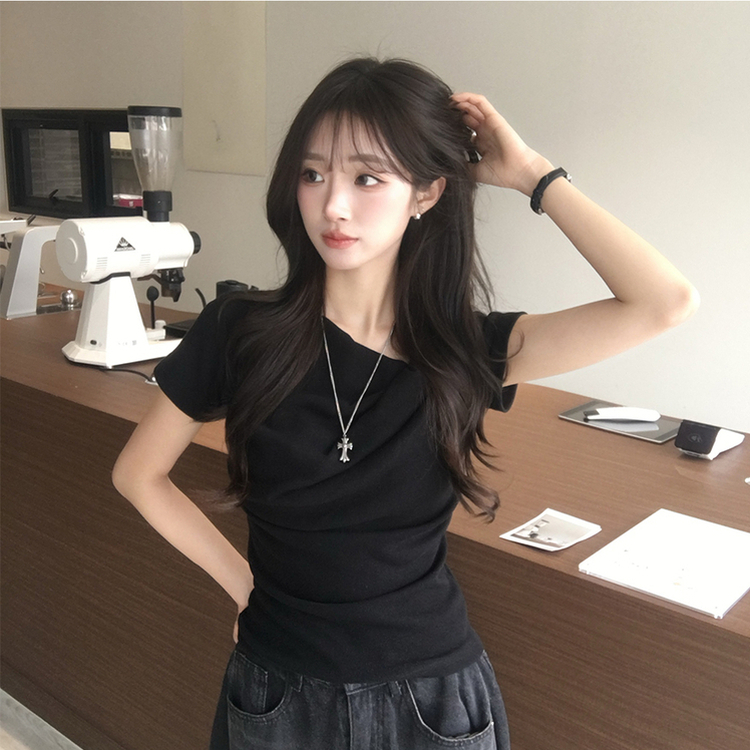 드레이프 봄 여름 꼬임 반팔 티셔츠 언발란스 슬림핏 레이어드 블라우스 하객룩 상의 결혼식 코디 반팔티 4color 블랙