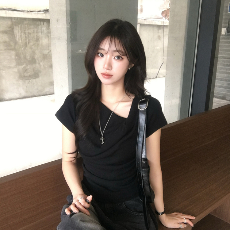 드레이프 봄 여름 꼬임 반팔 티셔츠 언발란스 슬림핏 레이어드 블라우스 하객룩 상의 결혼식 코디 반팔티 4color 블랙