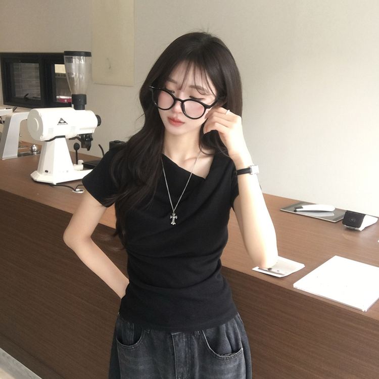 드레이프 봄 여름 꼬임 반팔 티셔츠 언발란스 슬림핏 레이어드 블라우스 하객룩 상의 결혼식 코디 반팔티 4color 블랙