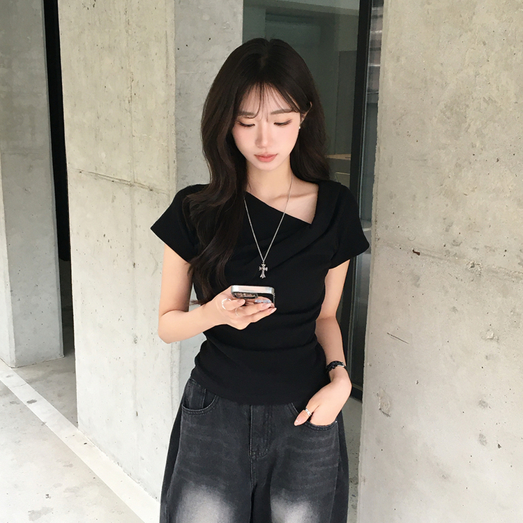 드레이프 봄 여름 꼬임 반팔 티셔츠 언발란스 슬림핏 레이어드 블라우스 하객룩 상의 결혼식 코디 반팔티 4color 블랙