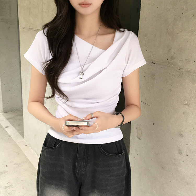 드레이프 봄 여름 꼬임 반팔 티셔츠 언발란스 슬림핏 레이어드 블라우스 하객룩 상의 결혼식 코디 반팔티 4color 화이트