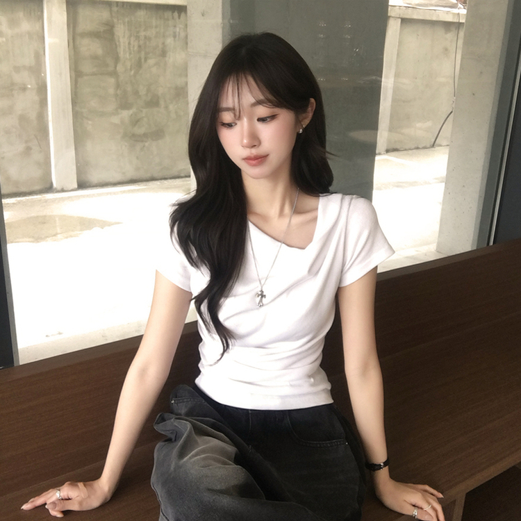 드레이프 봄 여름 꼬임 반팔 티셔츠 언발란스 슬림핏 레이어드 블라우스 하객룩 상의 결혼식 코디 반팔티 4color 화이트