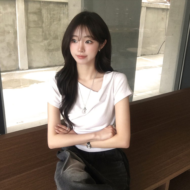 드레이프 봄 여름 꼬임 반팔 티셔츠 언발란스 슬림핏 레이어드 블라우스 하객룩 상의 결혼식 코디 반팔티 4color 화이트